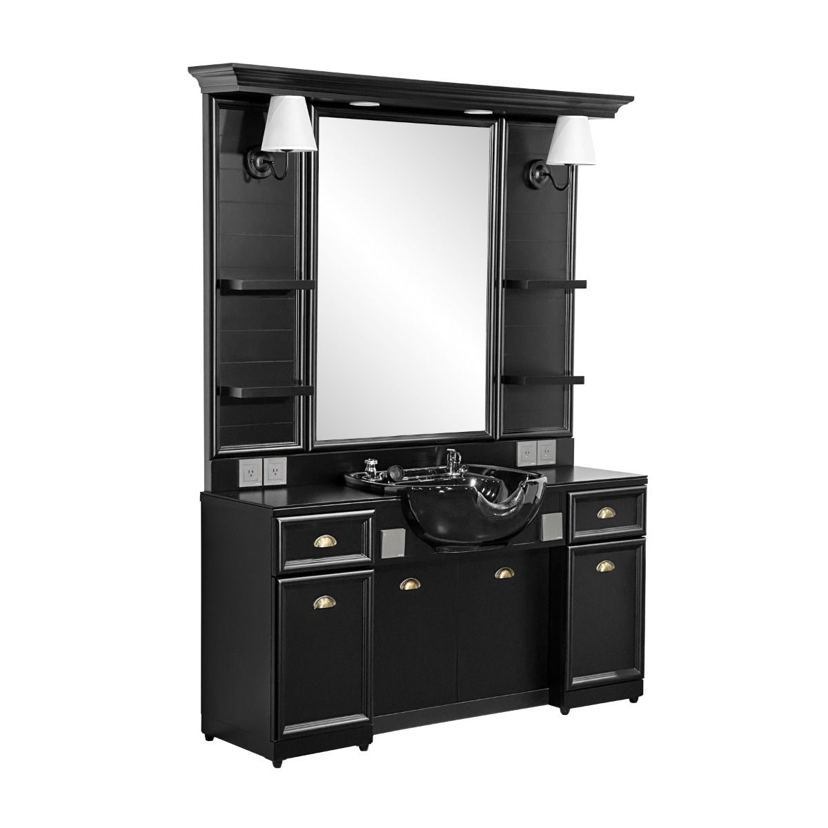 Alexander Elite Barber Styling Station – Black Wood Finish with LED Mirror & Ceramic Sink