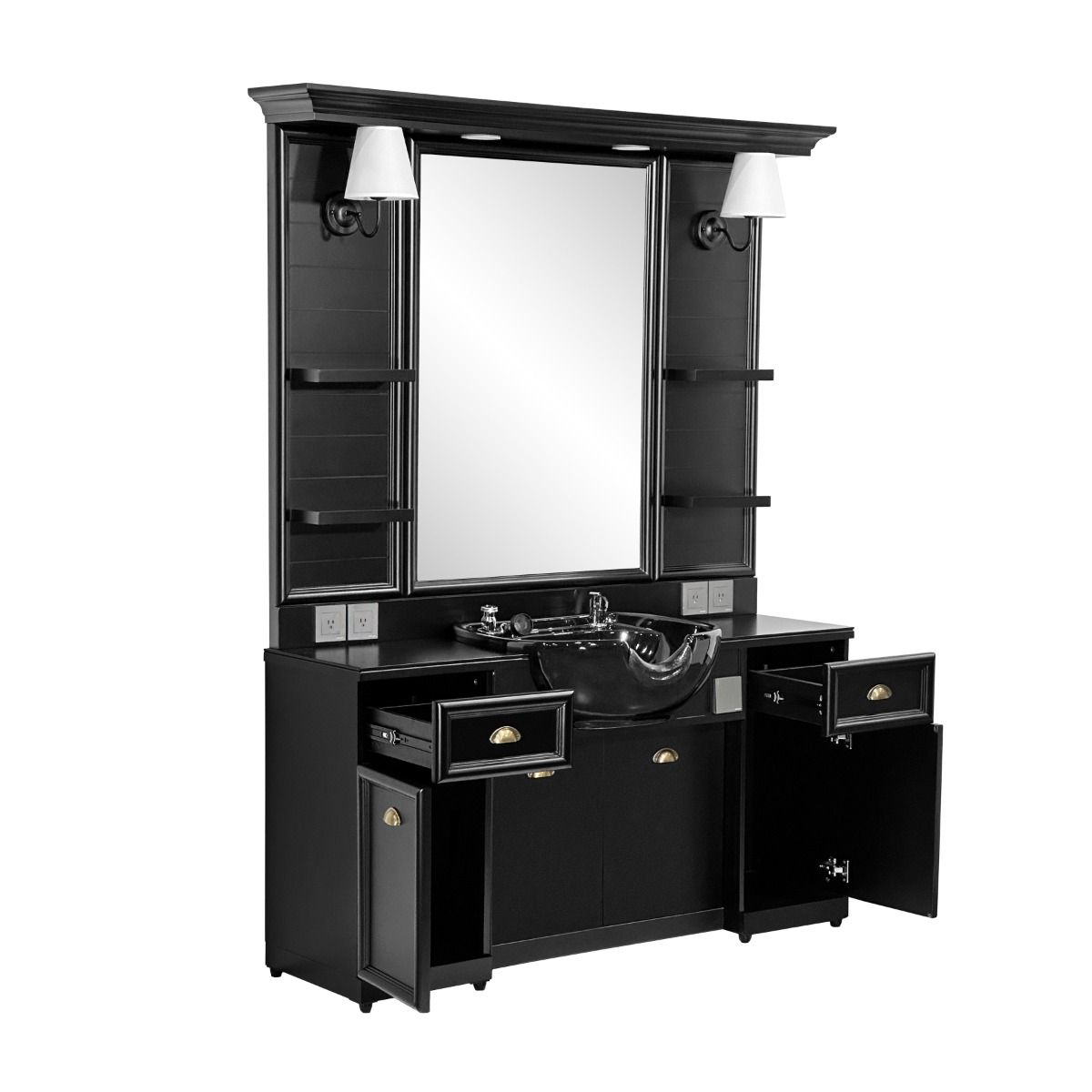 Alexander Elite Barber Styling Station – Black Wood Finish with LED Mirror & Ceramic Sink