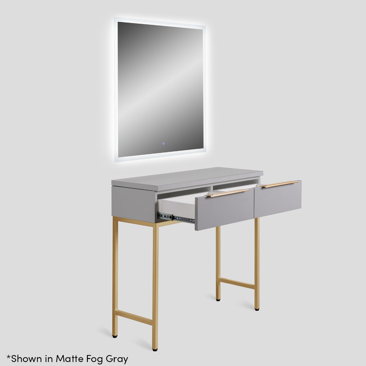 Colfax Salon Styling Station in Glossy Black with Brushed Gold Accents & Luna 36" Square Backlit LED Mirror