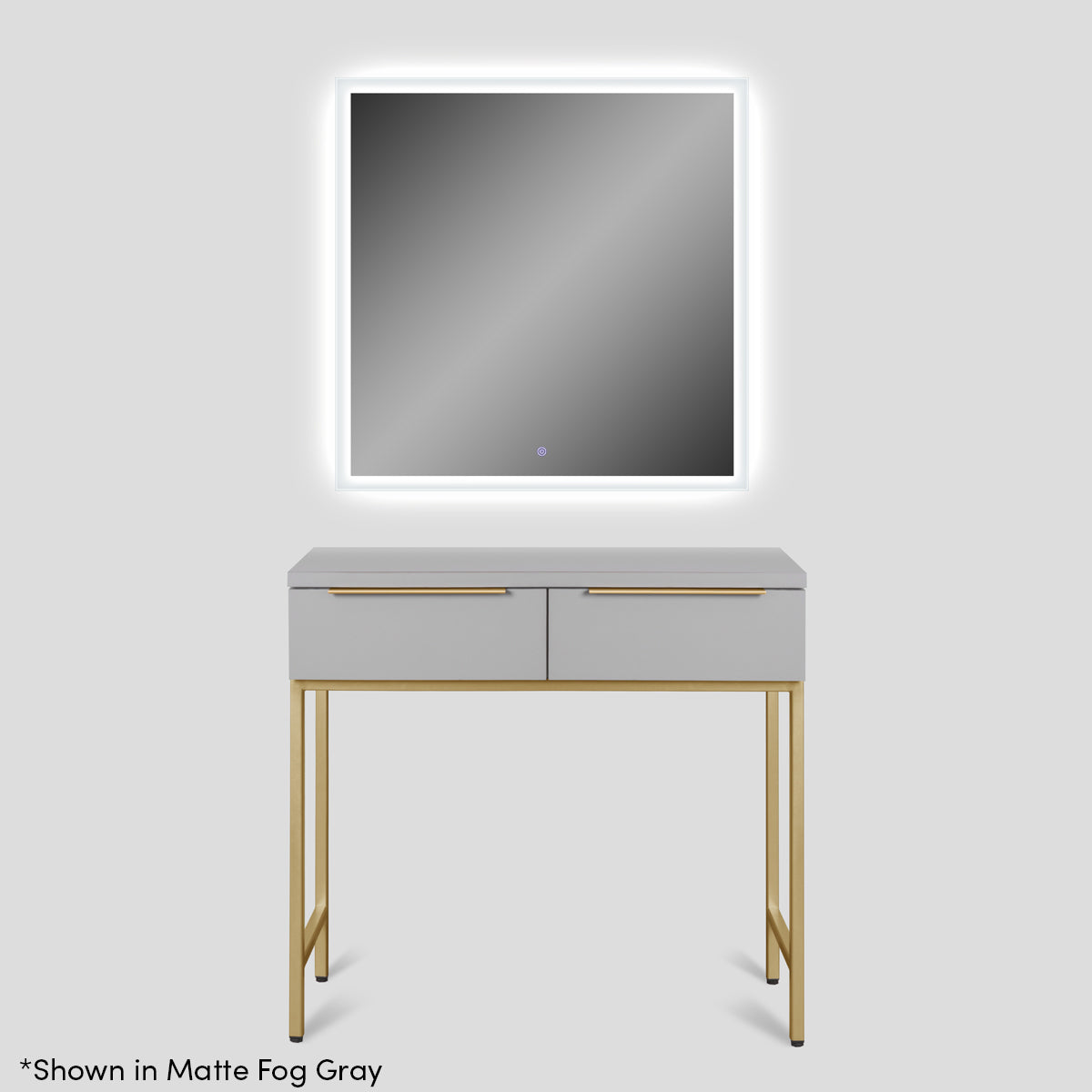 Colfax Salon Styling Station in Glossy Black with Brushed Gold Accents & Luna 36" Square Backlit LED Mirror