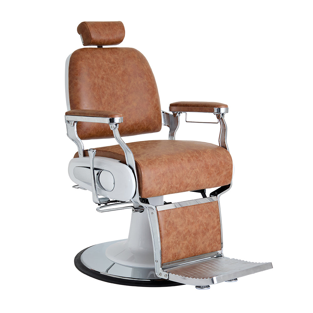 Rocky Modern Classic Barber Chair – Tan Leatherette with White Base